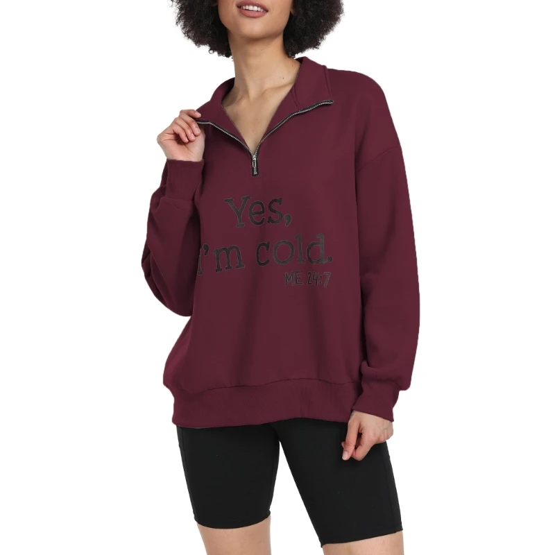 E15E Dames Ja Koude Letters Gedrukt Oversized Sweatshirt Mouw Drop Schouder Halve Rits Kleur Losse Pullover Top