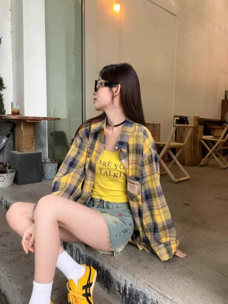 Rétro Hong Kong Sle femmes ample Long Sve Plaid irt automne vêtements d'extérieur décontracté résistant au vent manteau col bouton De...