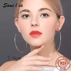 SOMILIA Platinum Plated Big Hoop Women Earrings Unique 925 Sterling Silver Jewelry Female Fashion Earrings 70-90mm серьги кольца