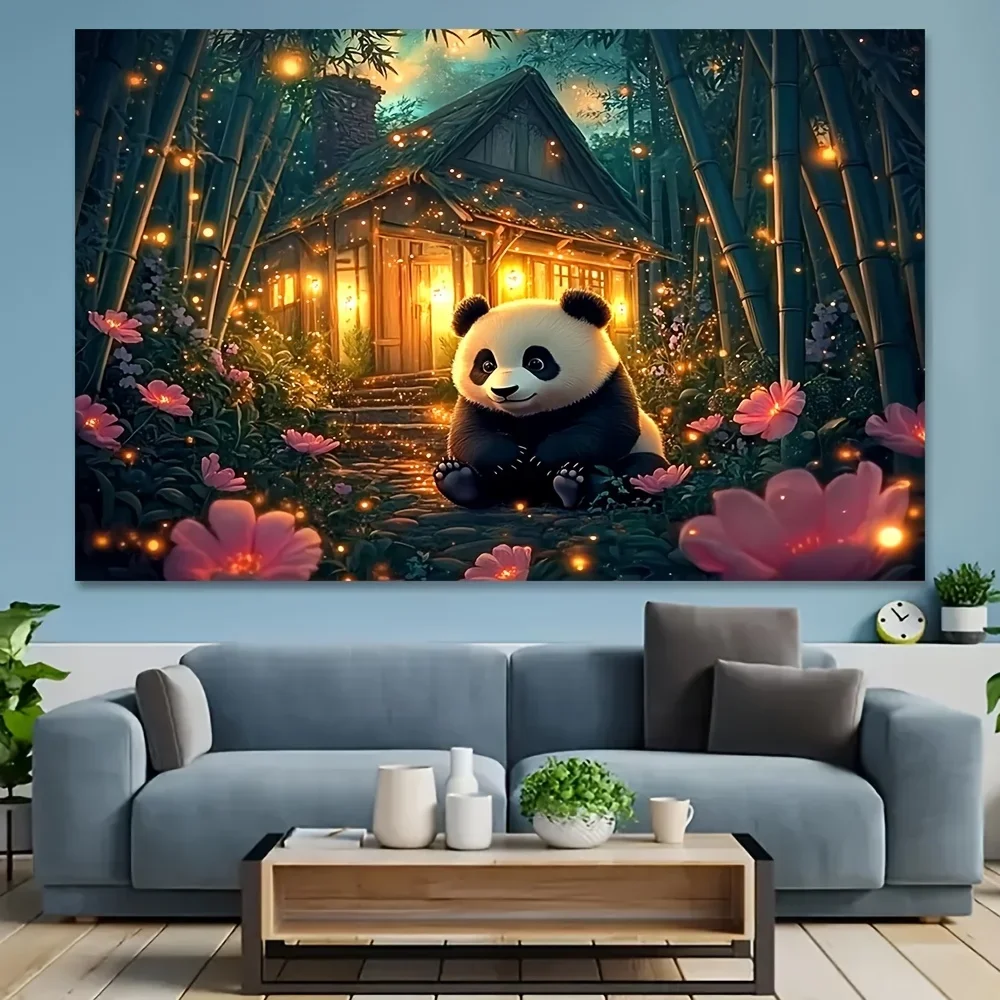 Enchanted Panda Tapestry Magical Bamboo Forest Fairy Lights Flowers Home Decor Perfect Any Room