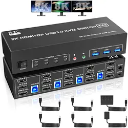 8K@60Hz USB3.0 KVM Switch 3 Monitors 4 Computers 4K@144Hz, 2 DisplayPort +1 HDMI Triple Monitor for 4PC with Audio and 3 USB 3.0