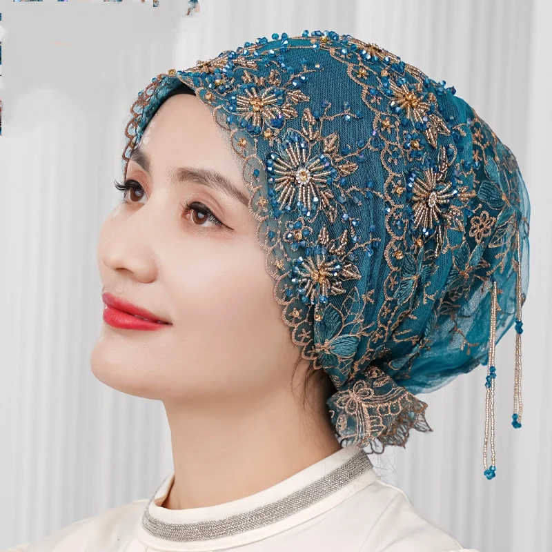 

Fashion Tassel Lace Turban Hijab Hat Women Soft Hair Loss Cover Cap Beanie Breathable Lady Head Wrap Scarf All Match Head Cover