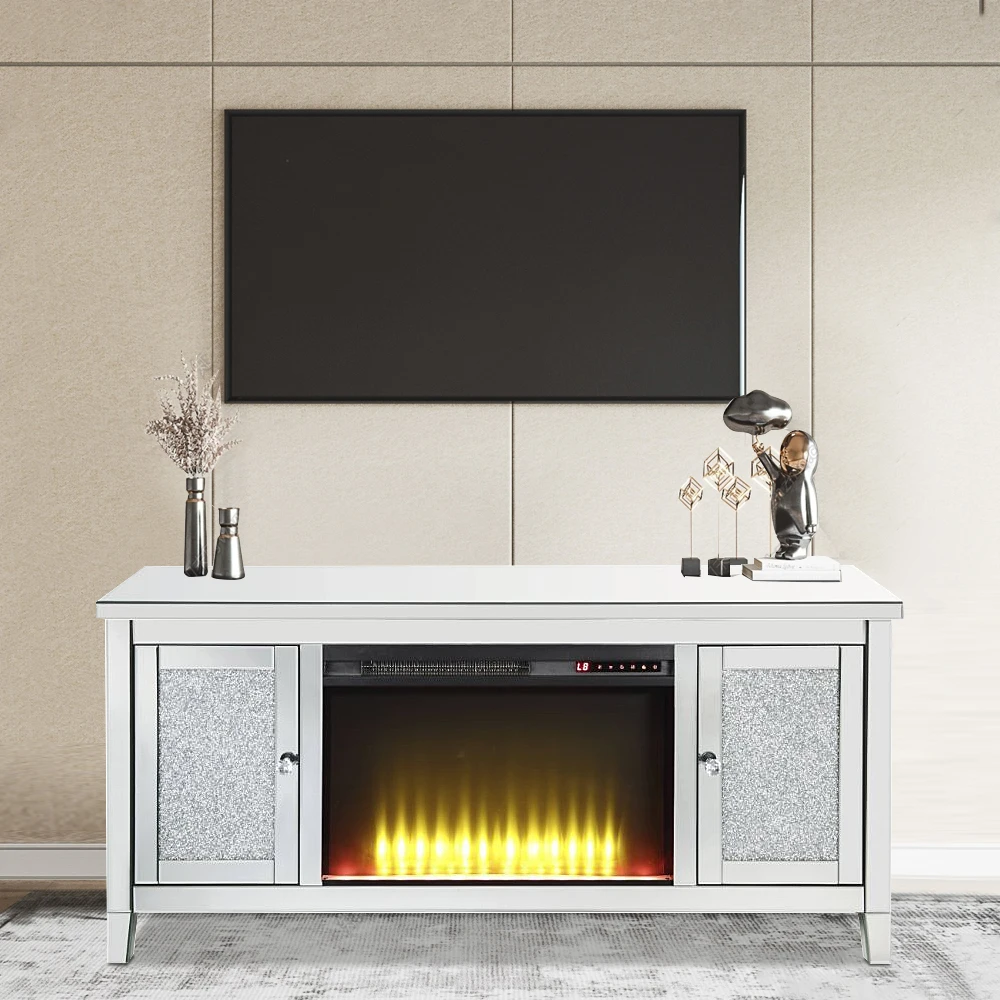 Hot Seller High Quality Modern Farmhouse Crushed Diamond Mirrored TV Stand Fireplace 2 Drawers Living Room Decor Source Factory