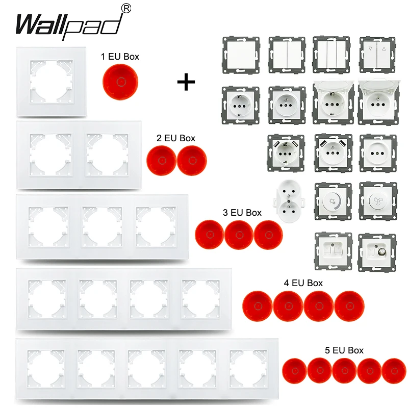 Big Sale White Glass Panel EU Wall Switch Socket Fan Dimmer USB Type-A C Charger Internet Cat6 Satellite TV Module DIY Round Box