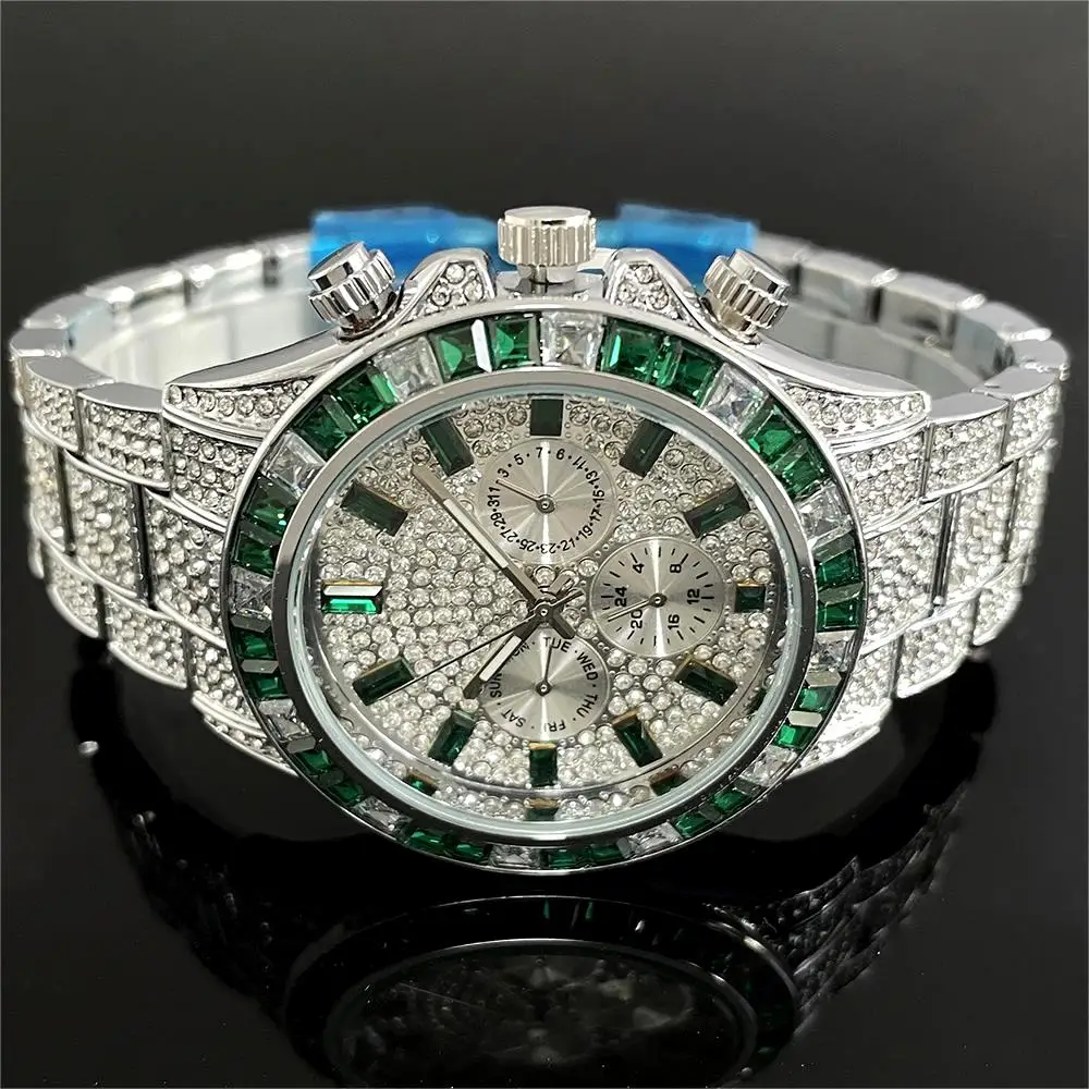 Hot Sell Luxury Green Iced Watch For Men Fashion Stainless steel Quartz Wristwatch Hip Hop Rainbow Diamond AAA Watches Man Reloj