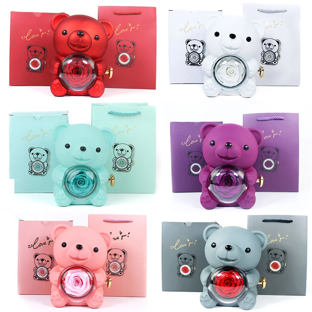

Cute Bear Gift Box Elegant Preserved Rose Gift Box with Gift Bag Bear Hug Eternal Rose Gifts for Christmas Gift