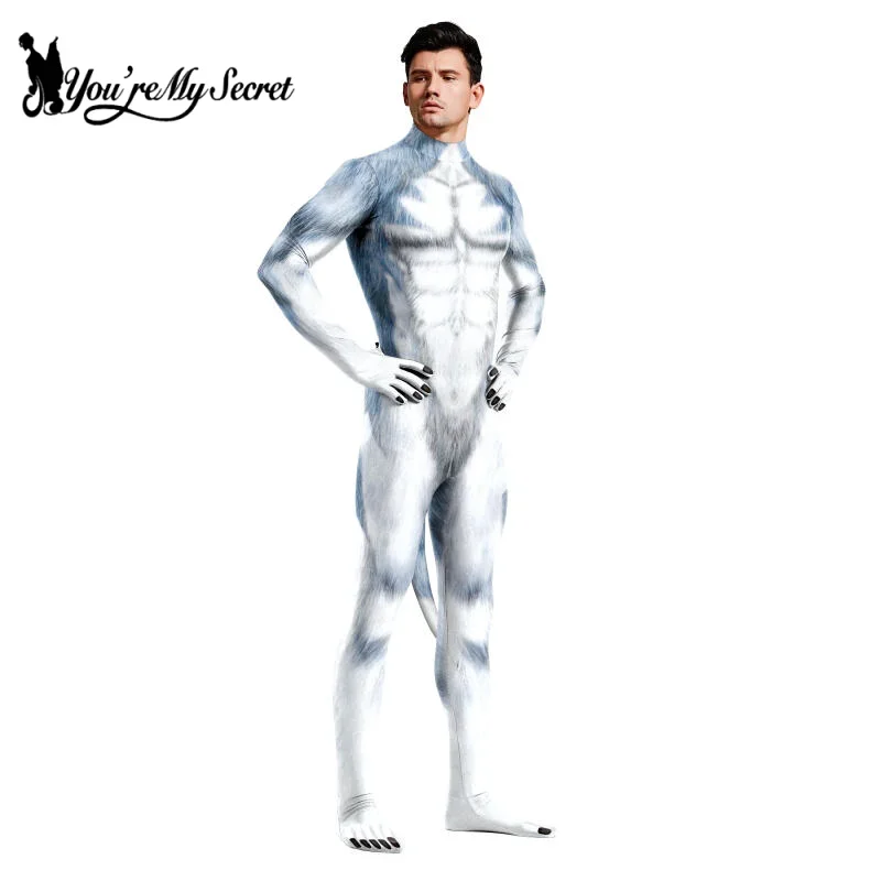 [คุณความลับของฉัน] ฮาโลวีน Furry คอสเพลย์เครื่องแต่งกาย Husky Dog ผู้ชายคอสเพลย์สัตว์หมาป่าพิมพ์ชุดบอดี้สูทสัตว์เลี้ยง Jumpsuit พร้อมหาง