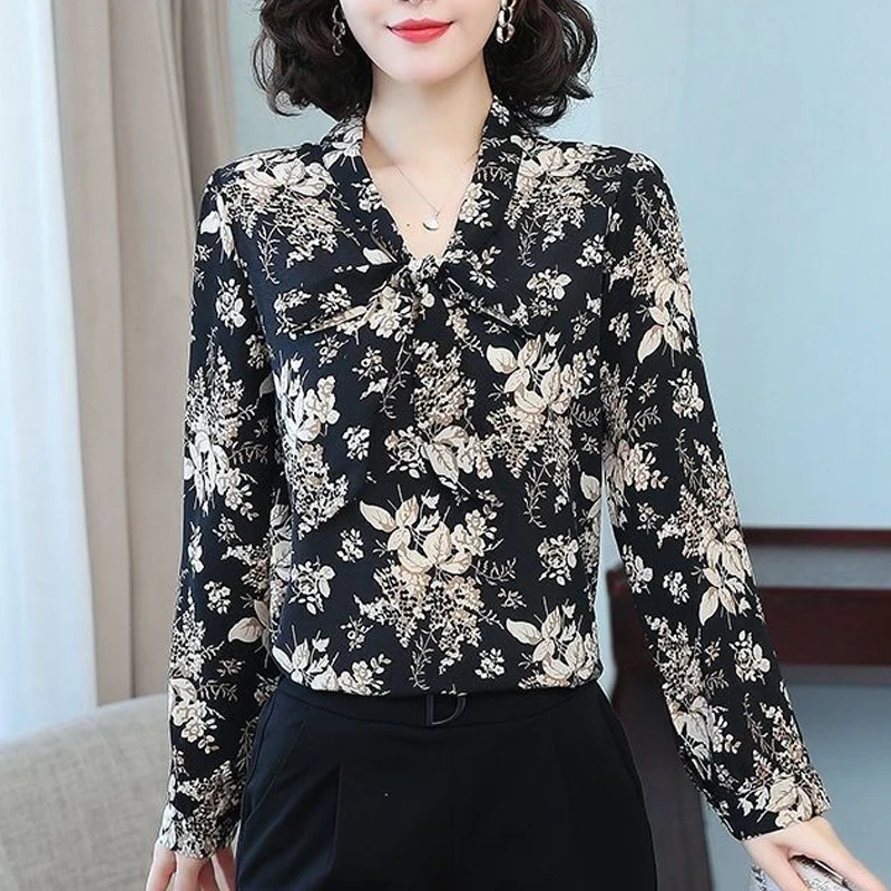 Women V Neck Bow Lace Up Elegant Button Shirts Spring Autumn Fashion Vintage Floral Print Blouses Office Lady Long Sleeve Blusa