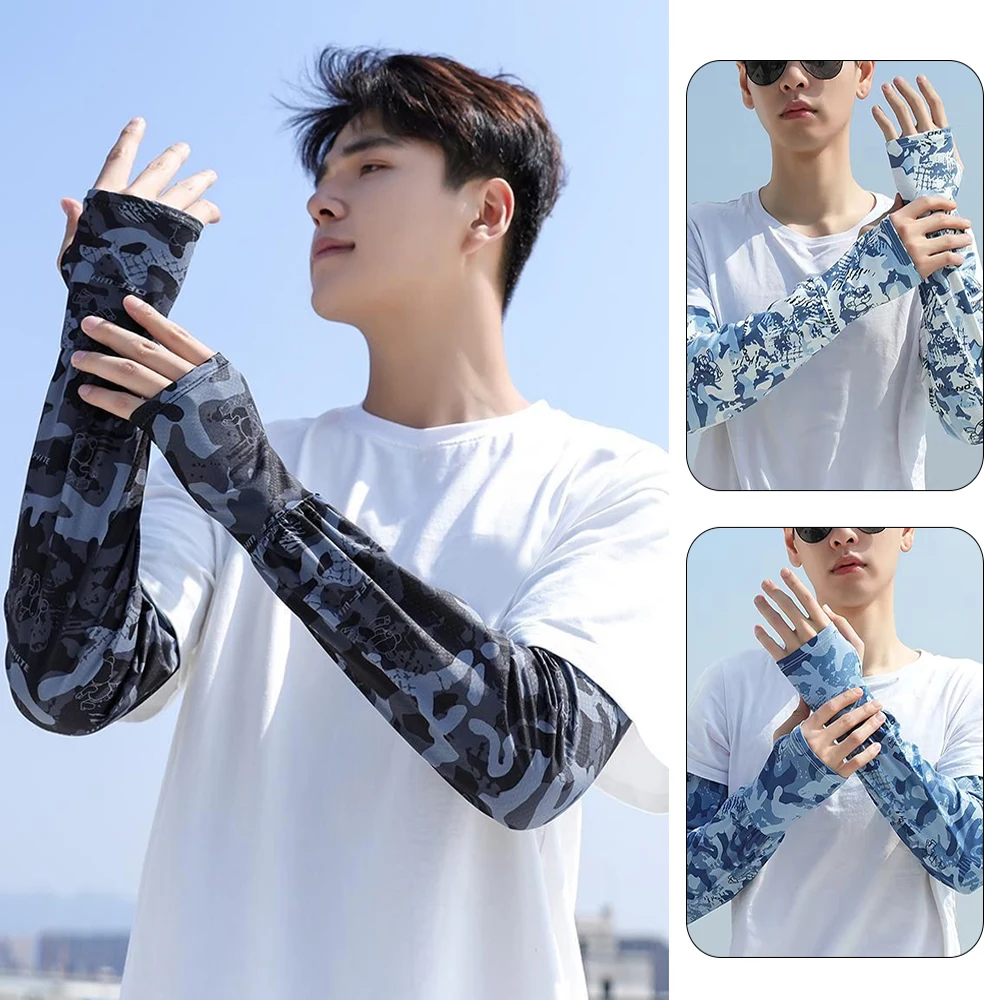 Mangas de seda de hielo estampadas para hombre, puños de protección solar para exteriores, protección UV, fundas de brazo deportivas de gran tamaño,