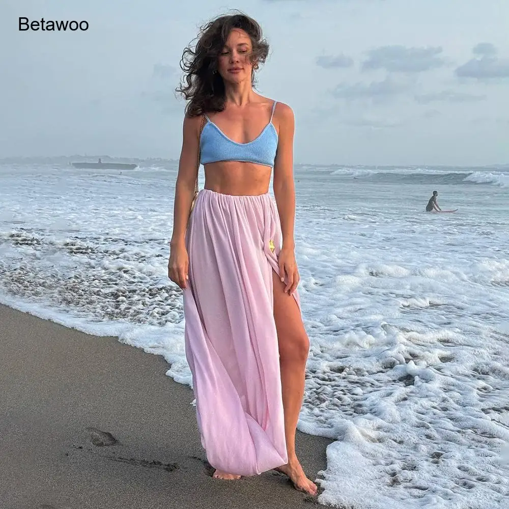 Womens Pink Drawstring Split Maxi Skirt Flowy Chiffon Beach Skirt for Summer Vacation