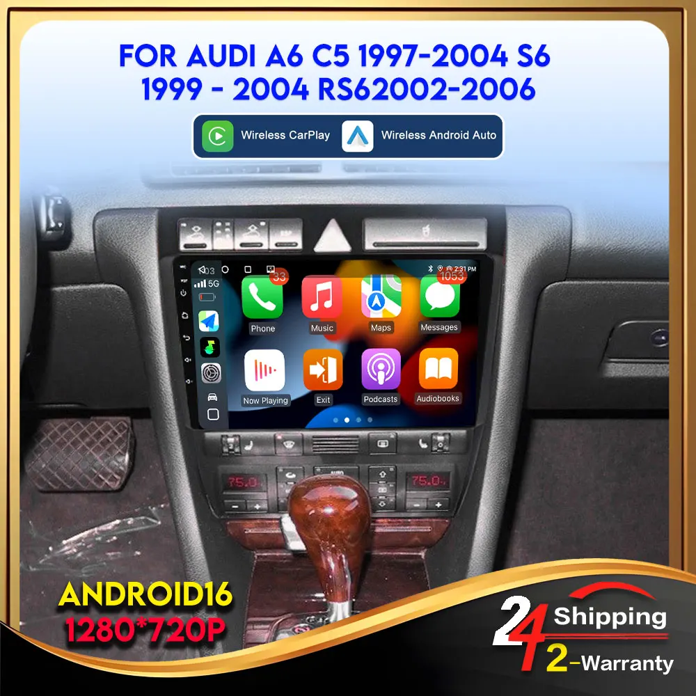 Autoradio For Audi A6 C5 1997-2004 S6 1999-2004 RS6 2002-2006 Carplay Android Auto Wireless 8Core 8+128G Android 16 Player GPS
