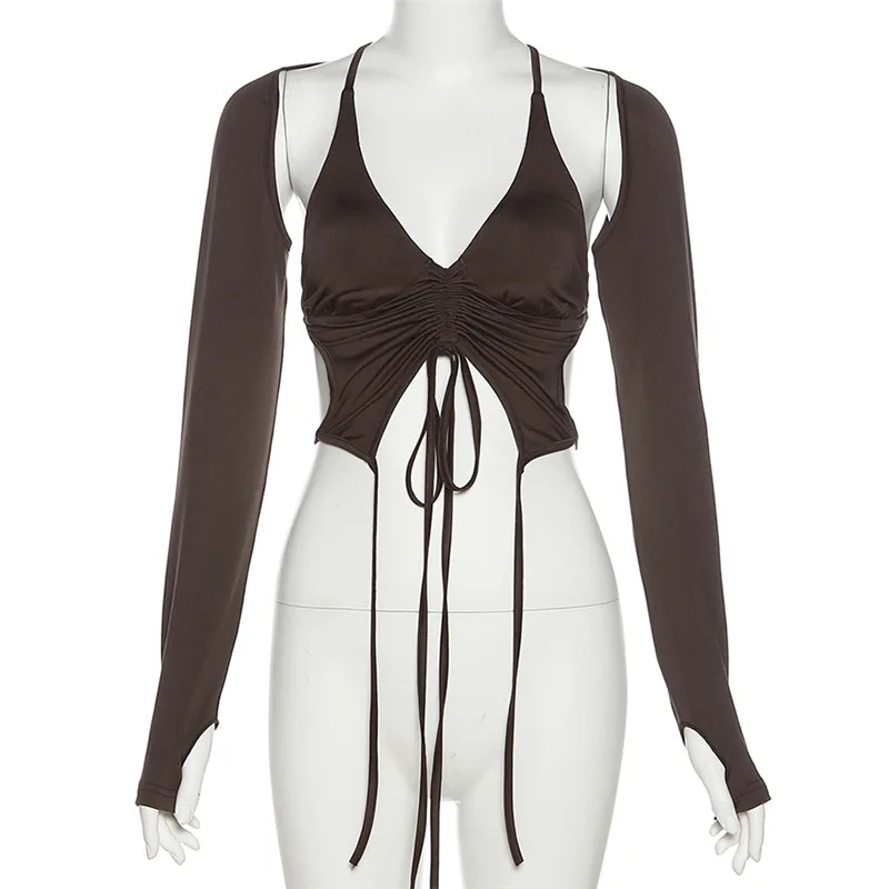 

2022 Summer Fashion Trend Women's New Long Sleeved Hanging Neck, Open Back Tie, Slim Fit Solid Color T-Shirt