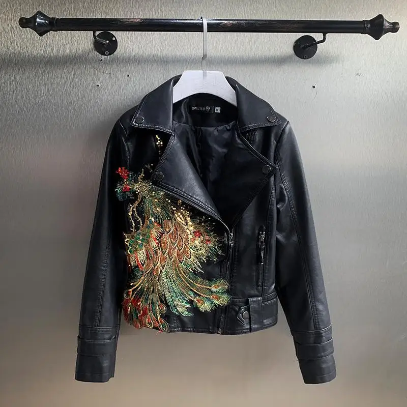 

European Style Leather Jacket Women's Embroidery Phoenix Korean Loose Fit Slimming Fashion Jacket