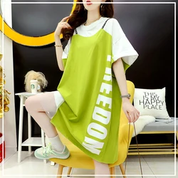 2024 Summer Niche Design Feeling Round Neck Letter Print Loose Casual Sports Style Fake Two-piece Short Sleeved T-shirt Skirt