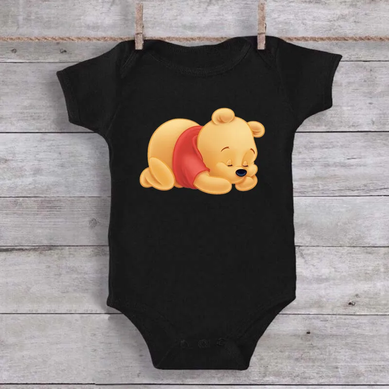 Cute Winnie the Pooh Bear Cartoon Toddler Jumpsuit Baby Girl Boy Black Cotton Clothes Kawaii Summer Newborn Baby Romper