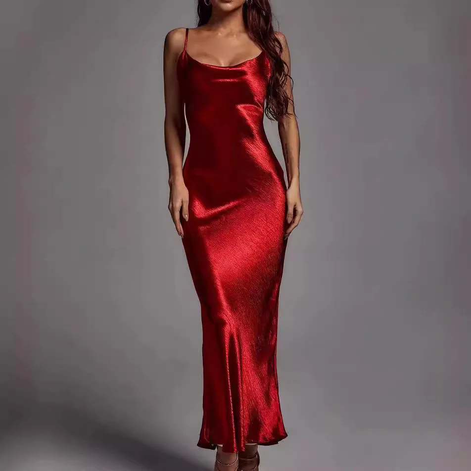 

Sexy Summer Women V-neck Backless Satin Sling Dress Fashion Solid One-piece Long Skirt Elegant Party Vacation Dresses Vestidos
