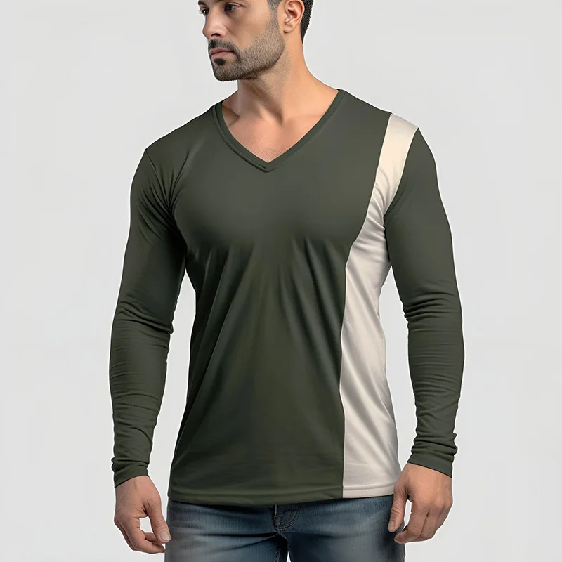 Mens Classic V Neck Henley Shirt Slim Fit Long Sleeve Cotton T Shirt Men Fashion Casual Basic Tshirt Male Camisetas Hombre XXL