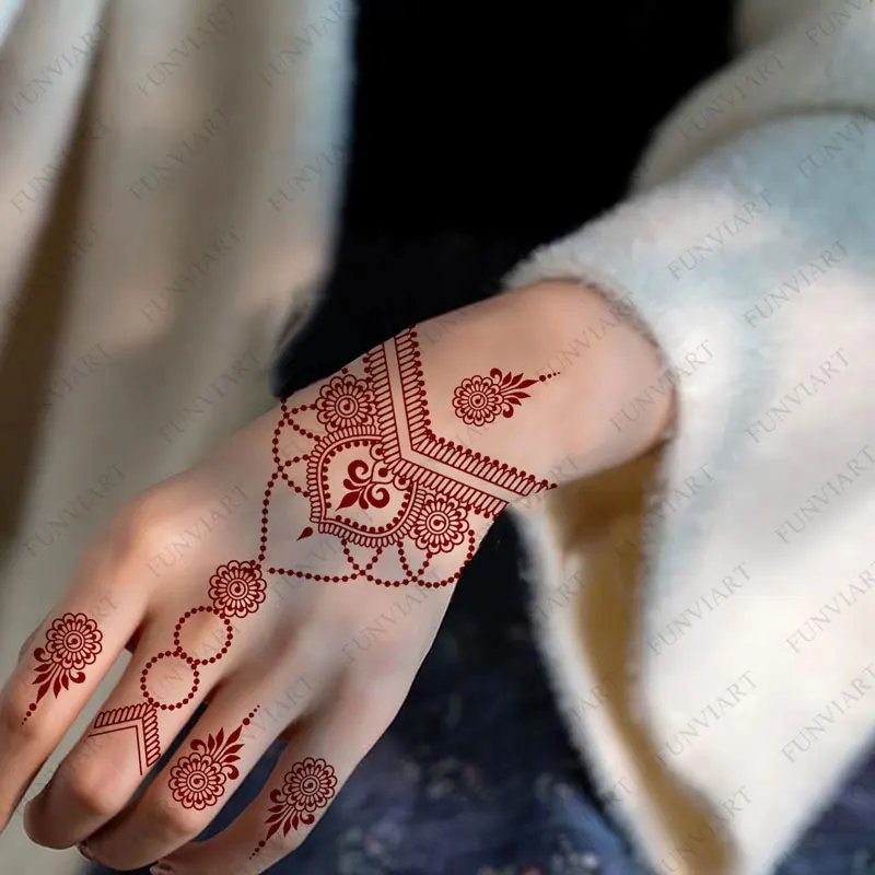 Waterproof Henna Tattoo Stickers for Hand Flower Fake Tattoo for Women Maroon Henna Body Stickers Disposable Temporary Tattoos