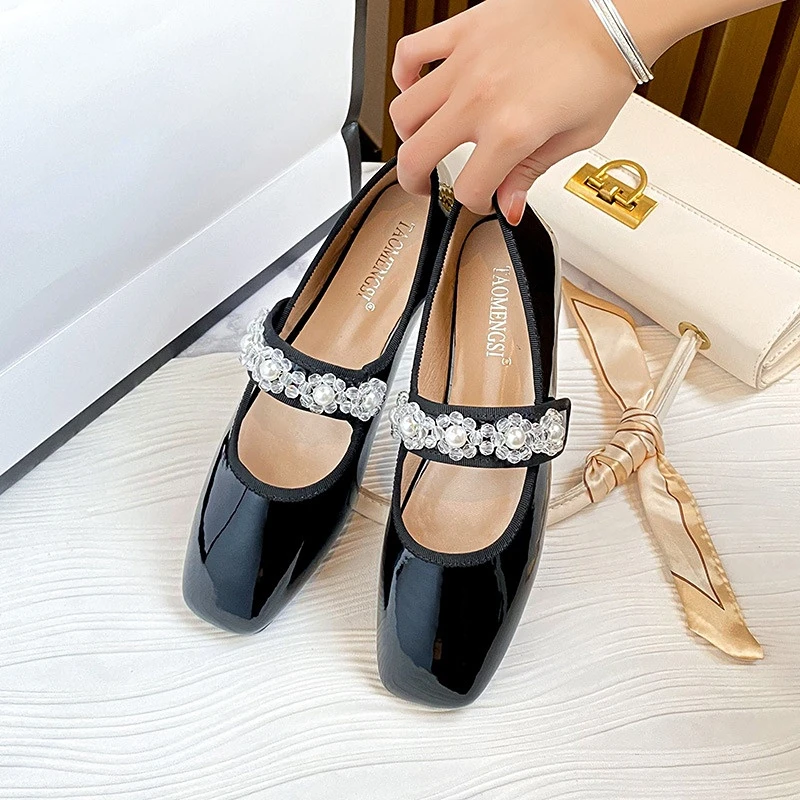 

Plus Size 33-43 Women Flats Mary Jane Shoes Patent Leather Low Heel Girl's Shoes Bling Pearls Crystal Designer Sweet Loafers