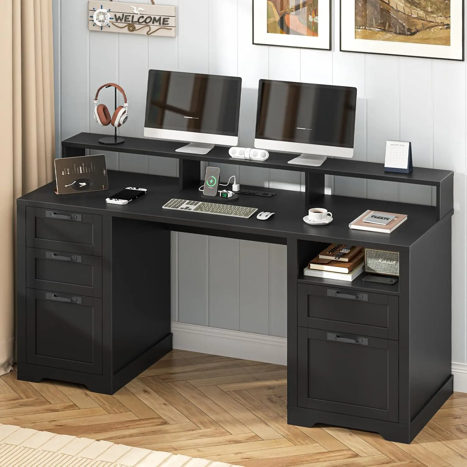 

61 Farmhouse Executive Desk with LED Lights and Power Outlets,Computer Desk with Monitor Stand & File Drawers,Large Work