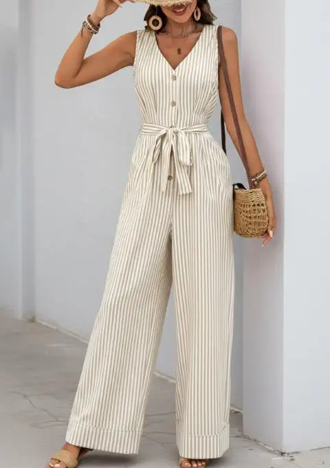 2025 Summer New Popular Casual Style Jumpsuit Sleeveless Shoulder Strap Striped Jumpsuit Pants