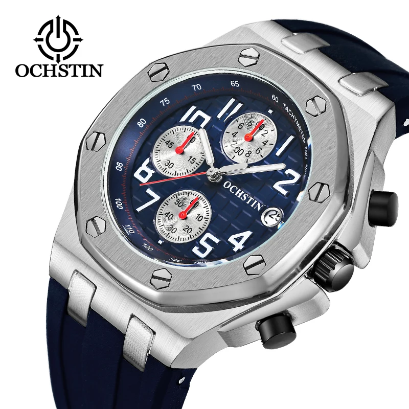 Swiss Brand Ochstin Men Sports Chronograph Quartz Wristwatch Waterproof Silicone Strap Calendar Luminous New Relogio Masculino