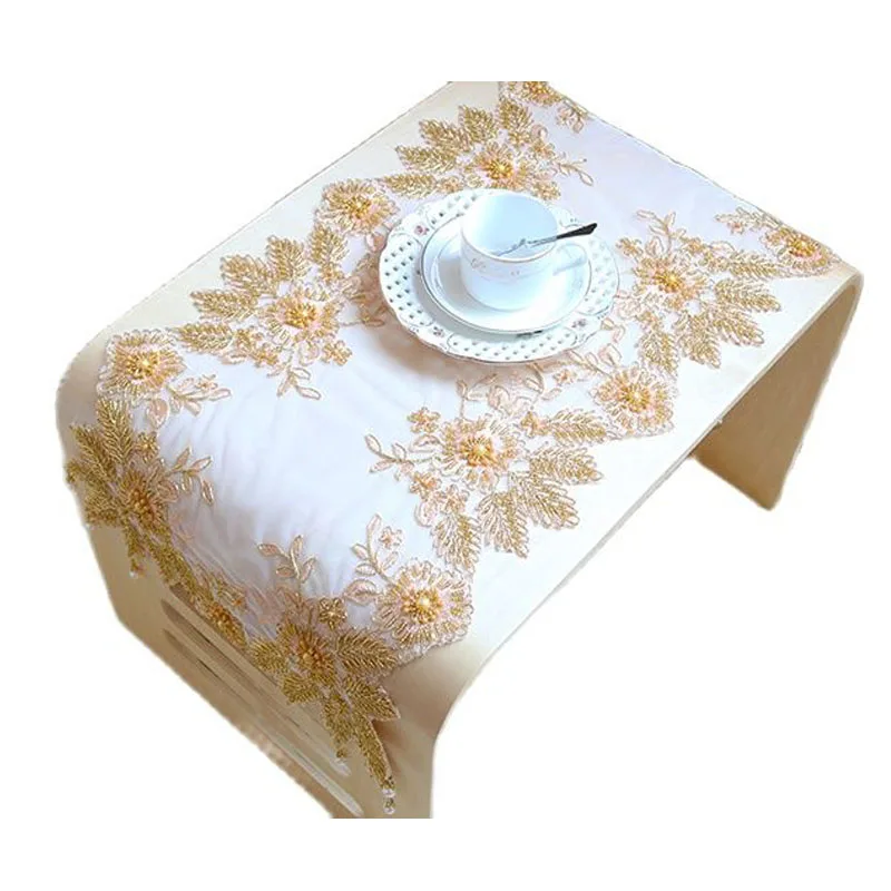 Luxury Christmas flower gold beads lace Embroidery bed Table Runner flag cloth cover kitchen Table decoration and accessories