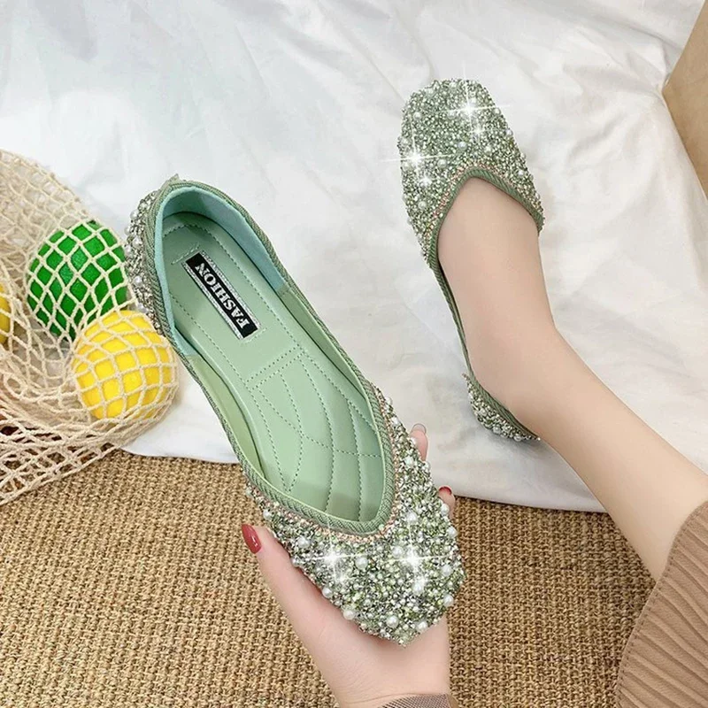

Summer/Autumn Glitter crystal pearl studs shoes women square toe slip on loafers cozy shallow cut-out ballerina flats female