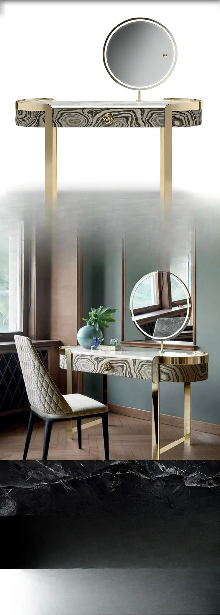 خزانة ملابس إيطالية فاخرة خفيفة مصممة لغرفة النوم الفاخرة وطاولة زينة رخامية منزلية