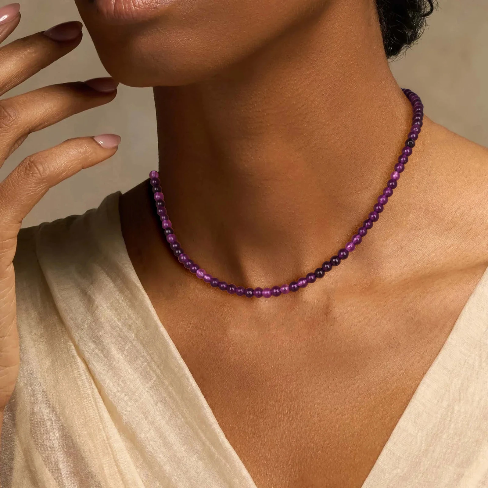 4mm Natural Amethysts Round Beads Necklace with Card for Women Female Healing Reiki Spiritual Energy Necklace Jewelry Gifts