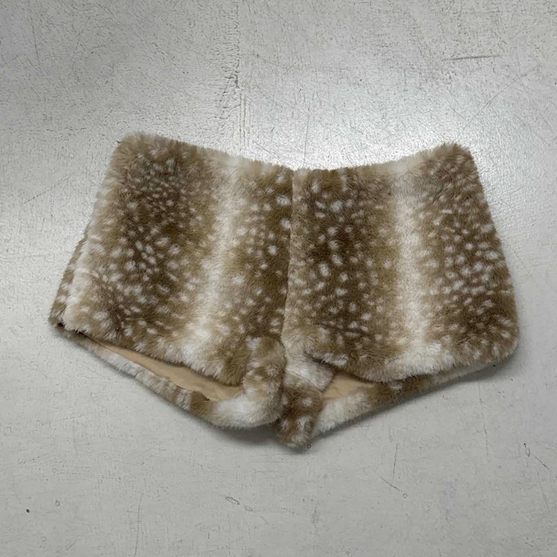 Winter Retro Style Deer Pattern Fluffy Splicing Shorts Women Wasteland Style Spice Girl Booty Shorts High Street Bottom