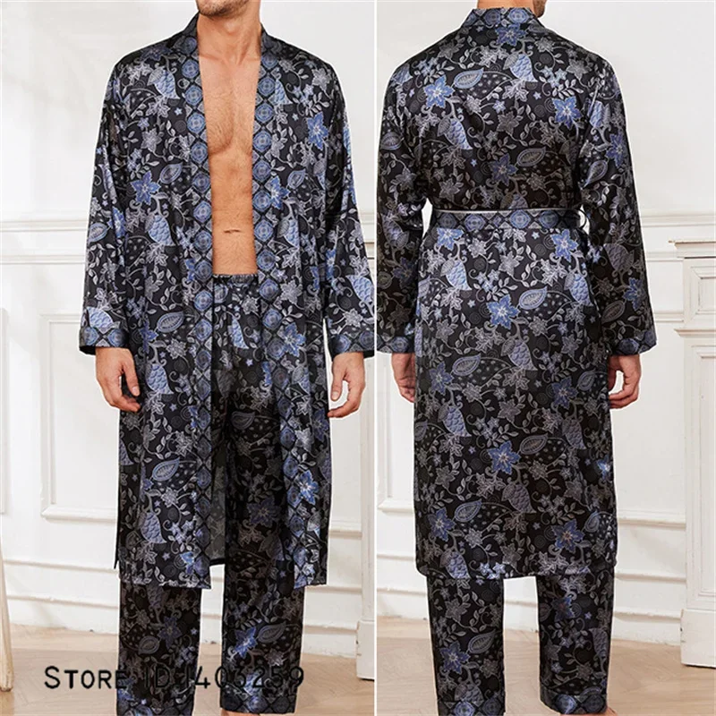 Abito da uomo a maniche lunghe 2 pezzi Pigiama Set Primavera Autunno Stampa Kimono Accappatoio Abito Tailleur pantalone Casual Raso Homewear Pigiama