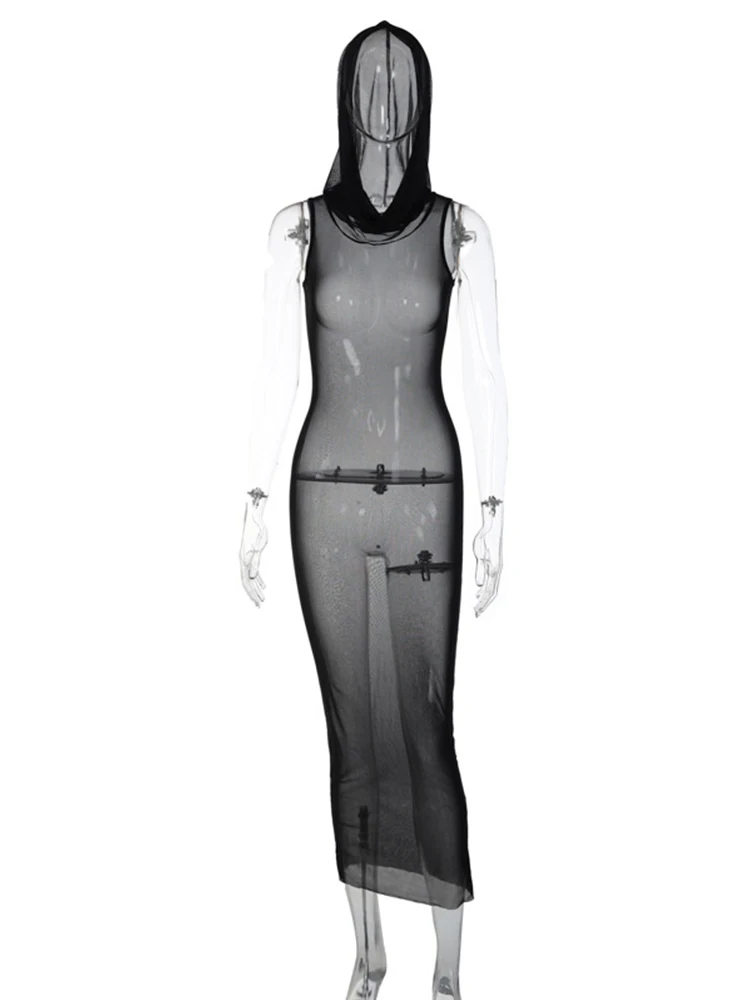 แฟชั่นแขนกุดHoodedตาข่ายชุดยาวสําหรับผู้หญิง2025สีดําดูผ่านBoho Cover Up Dress Beach Holiday Party Robeสุภาพสตรี