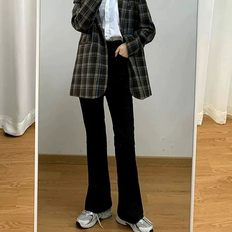 High Waist Fleece Lined Bell Bottom Jeans Women's Autumn Winter New Style Slimming Straight Leg Jeans Cotton Stretch Denim