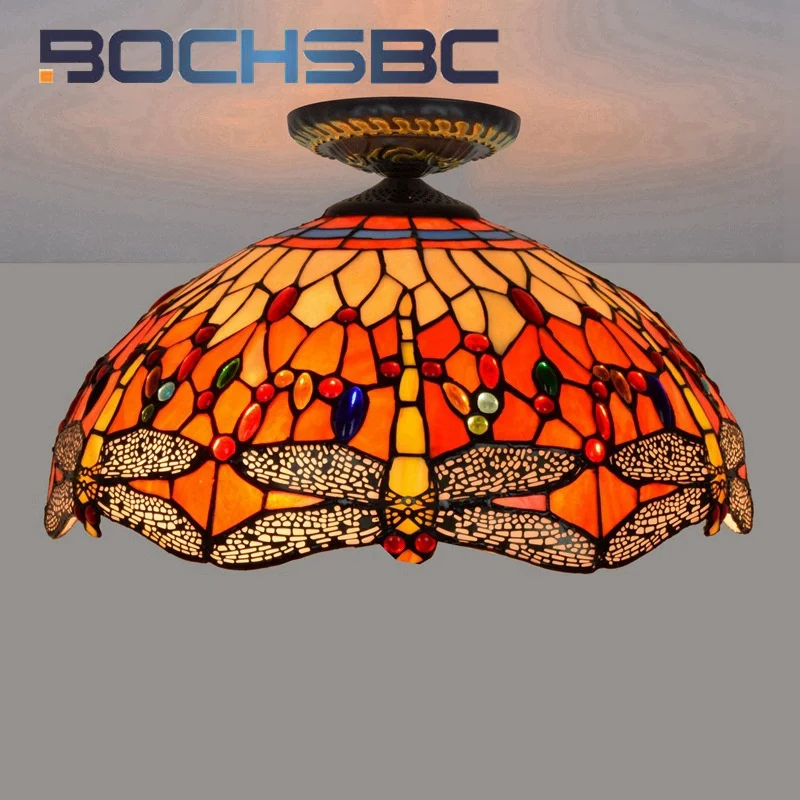 

BOCHSBC Tiffany style stained glass 16inch red Dragonfly ceiling light for dining room bedroom hallway Pendant lamp LED decor