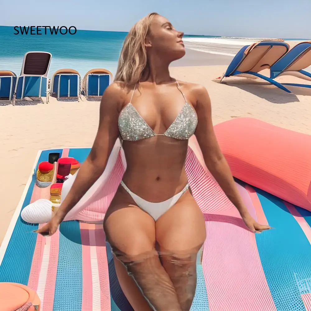Women Shiny Sequin Halter Bikini Set Low Rise Bottom Two Piece Swimsuit Sparkling Diamond Effect Summer Beach Bathing Suit