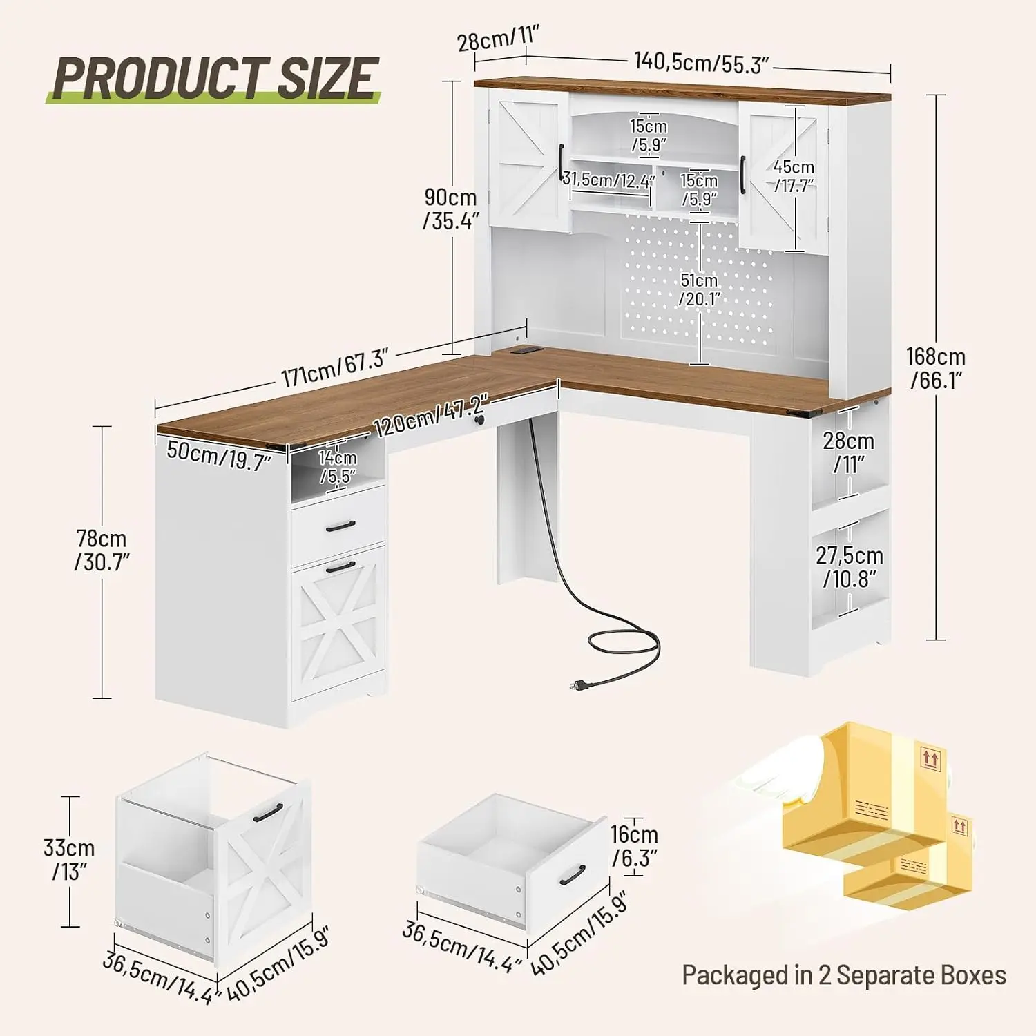 L Shaped Executive Desk with Hutch, Corner Computer Desk with File Drawer, Office Desk with Storage & LED Lights, Customized