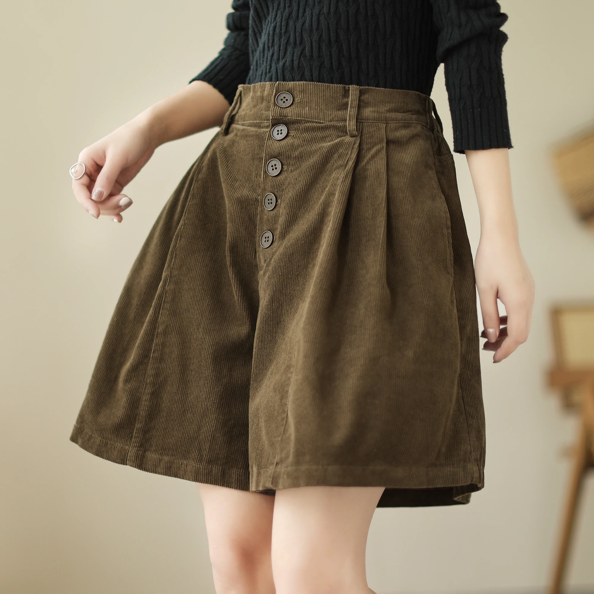 حجم كبير سروال قصير orts المرأة فضفاض بنطلون الاغراء عادية ألف خط واسعة الساق التمهيد السراويل الخريف الشتاء Faion عناصر