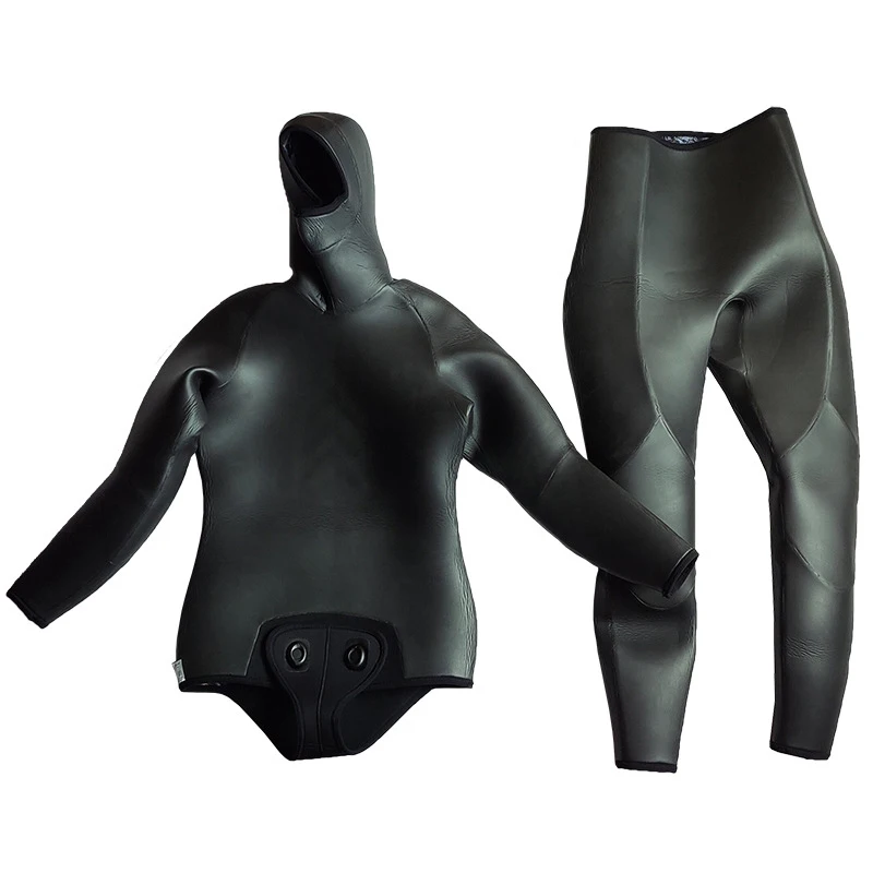 5MM CR Neoprene Spearfishing Wetsuit with Hood, 2 Pieces Camouflage Hunting Diving Suit Open Cell Freediving Snorkeling Surfing