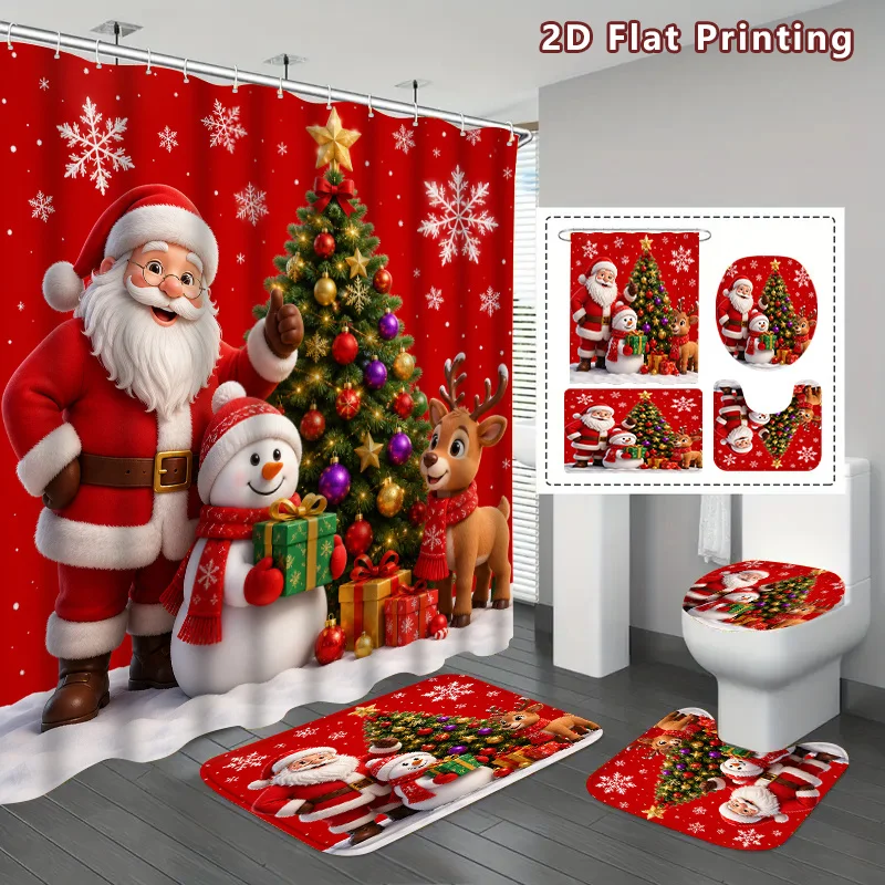 4pc 2D Flat Christmas Shower Curtain Set, Xmas Characters Print, 3Pcs Matching Mats, Home Bathroom Decor, 12 Hooks Included