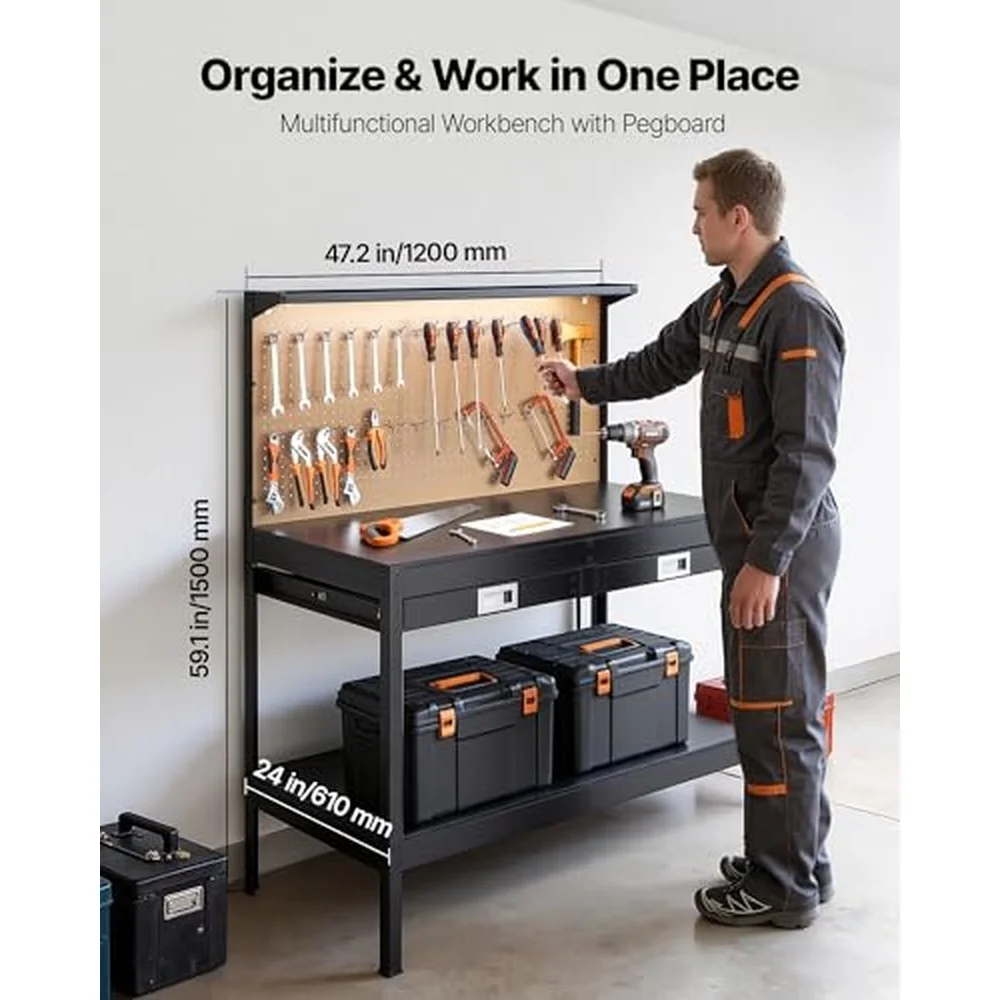 Workbench 47.2 inch Heavy Duty Steel Workbench with Pegboard & Drawers 242.5 lbs Capacity Work Benches for Garage with