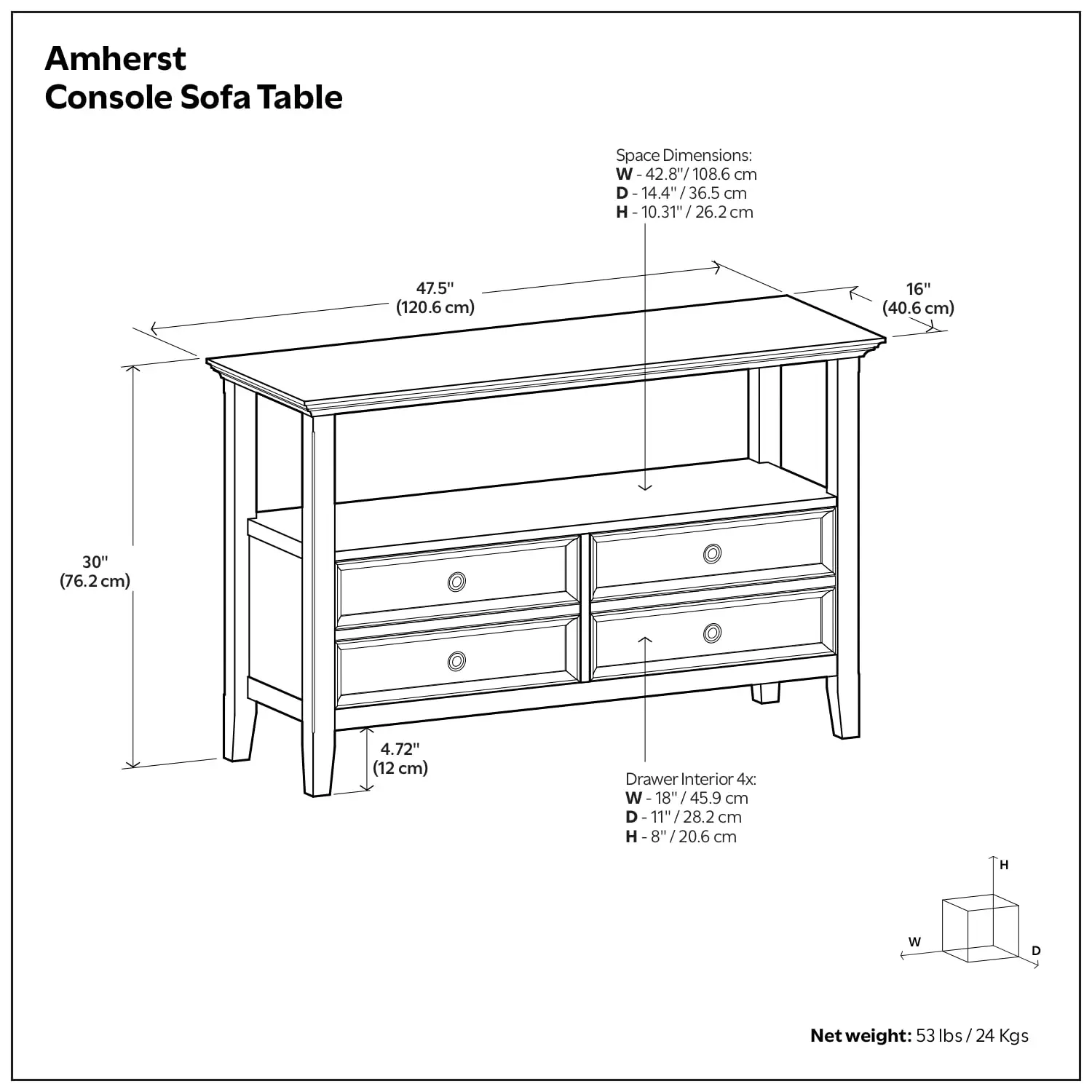 Solid Wood Console Table 48 Inch with 2 Drawers & Open Shelf for Entryway Living Room Hallway Storage Hickory Brown, Customized