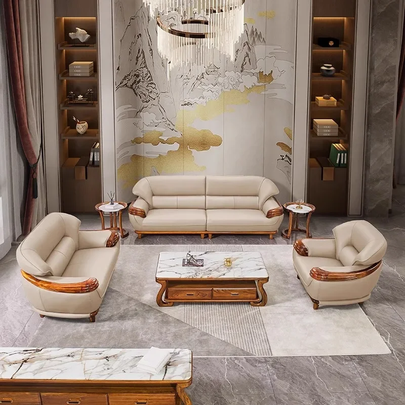 New Chinese ebony sofa leather home luxury villa living room apartment type high-end European solid wood furniture combination