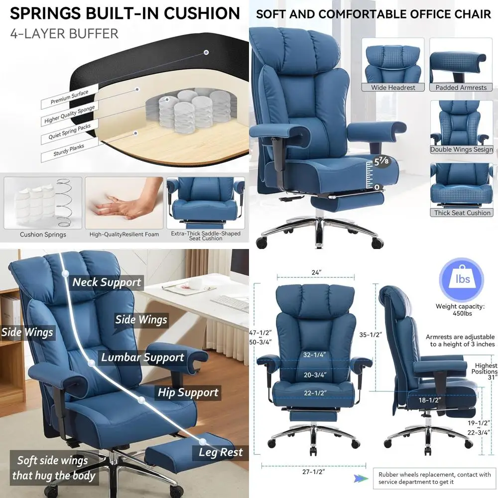 

Heavy Duty Blue Big and Tall Executive Office Chair with High Back, Adjustable Armrests, Lumbar Support, and Footrest, 450lbs Ca