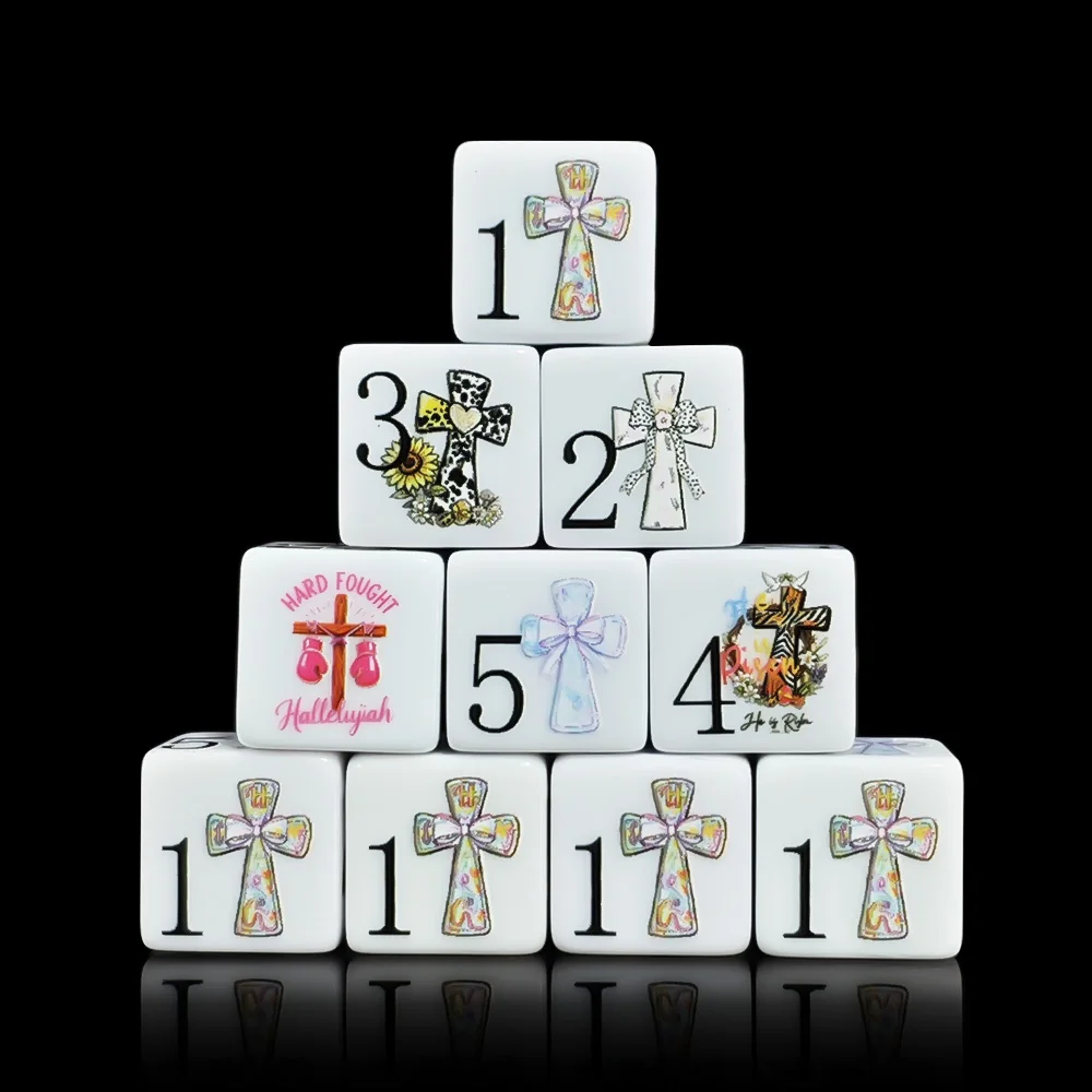 12Pcs 16MM D6 Acrylic Printed Dice, White Six Sided Dice With Cross Pattern For Tabletop Board Game Party Gaming Accessories