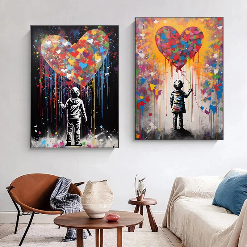 Graffiti Street Art Poster Heart Balloon Boy Astronaut Rabbit Wall Art Canvas Painting Prints Pictures Home Living Room Decor