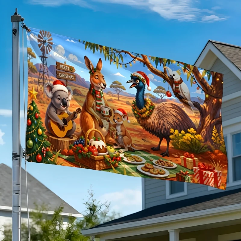 2D Door Banner Australian Outback Christmas Animal Picnic Banner Suitable for Doorways And Outdoor Flags, Printing