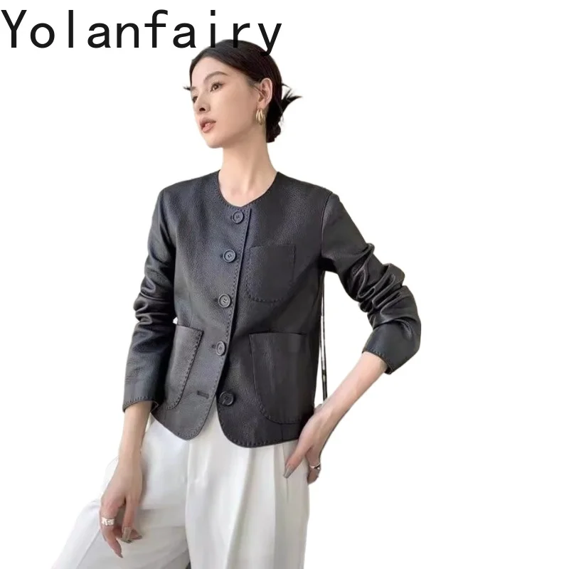 YOLANFAIRY Top Layer Goatskin Genuine Leather Jacket Women 2026 Elegant O-neck Short 100% Real Leather Coat Casual Outerwear