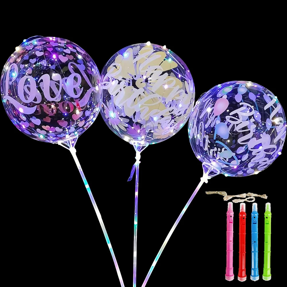 1Set 20inch LED Light Up BoBo Balloons Printed Bobo Balloons With 120cm Colorful Handle Wedding Birtday Party DIY Decorations