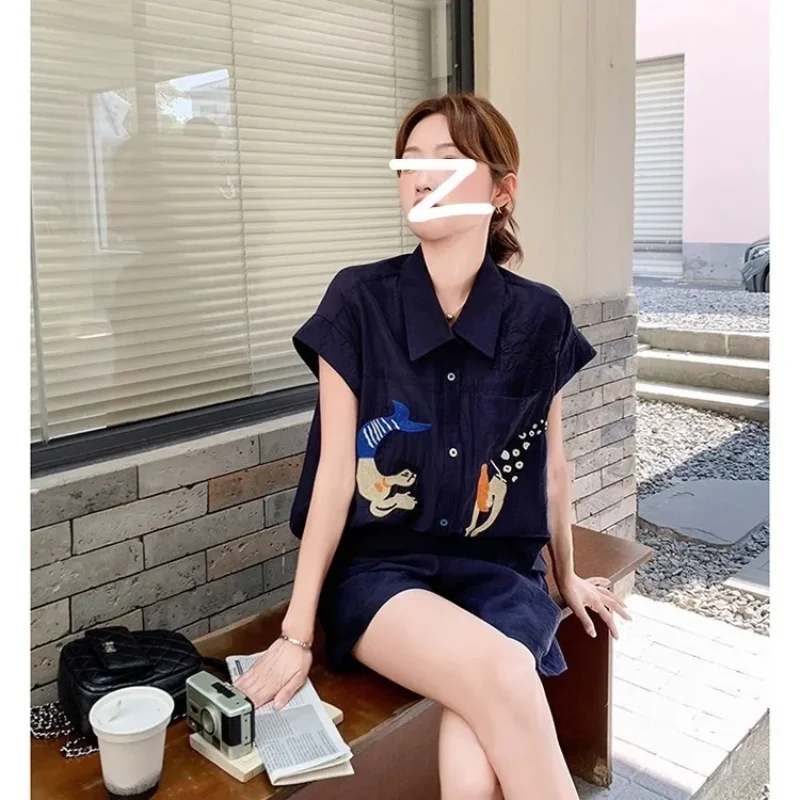 Women Navy Blue Short Sleeve Two-Piece Set Cartoon Print Blouse And Shorts For Daily Wear
